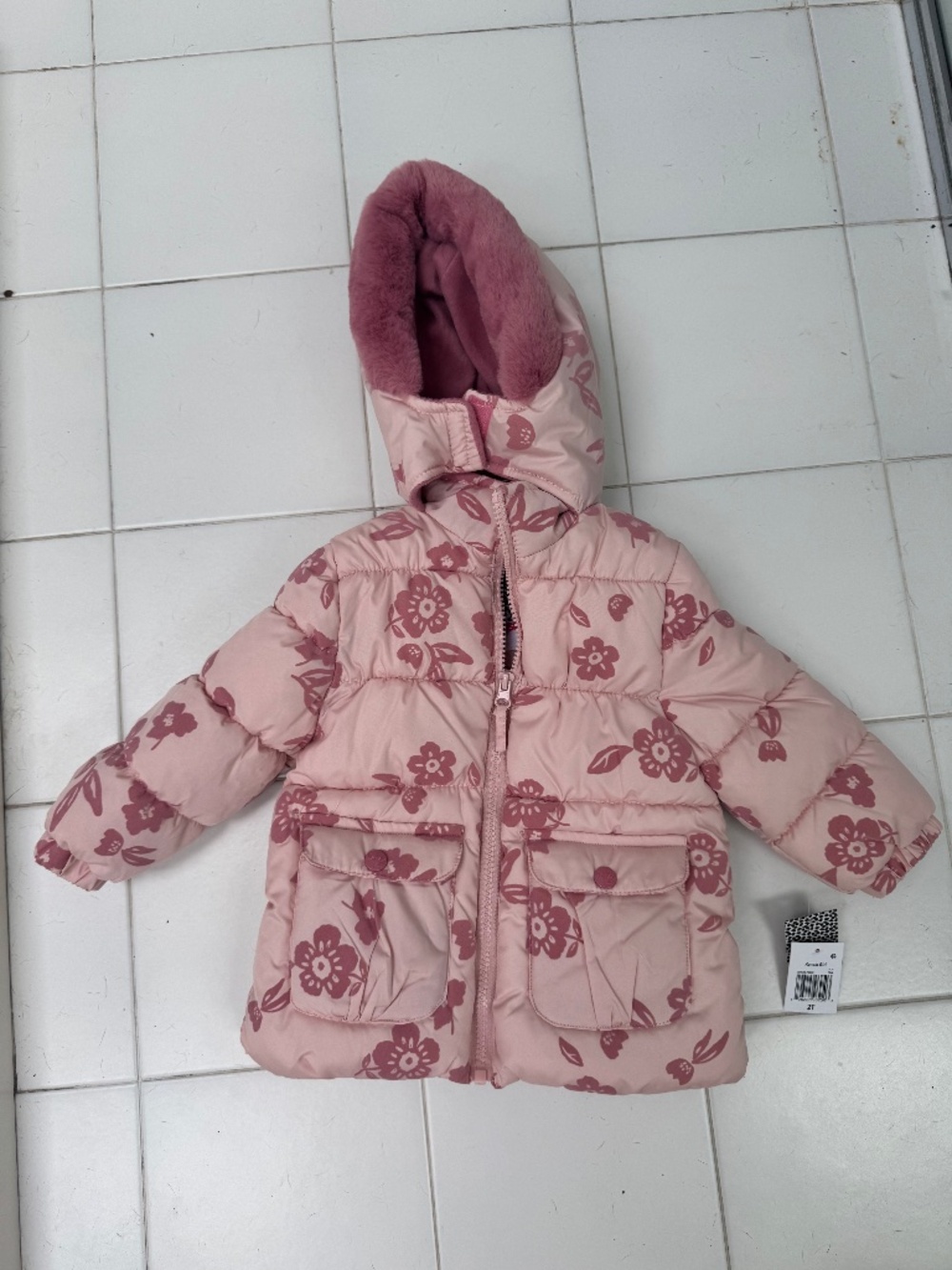 NWT KENSIE GIRL PINK PUFFER JACKET HOODED FUR 2T